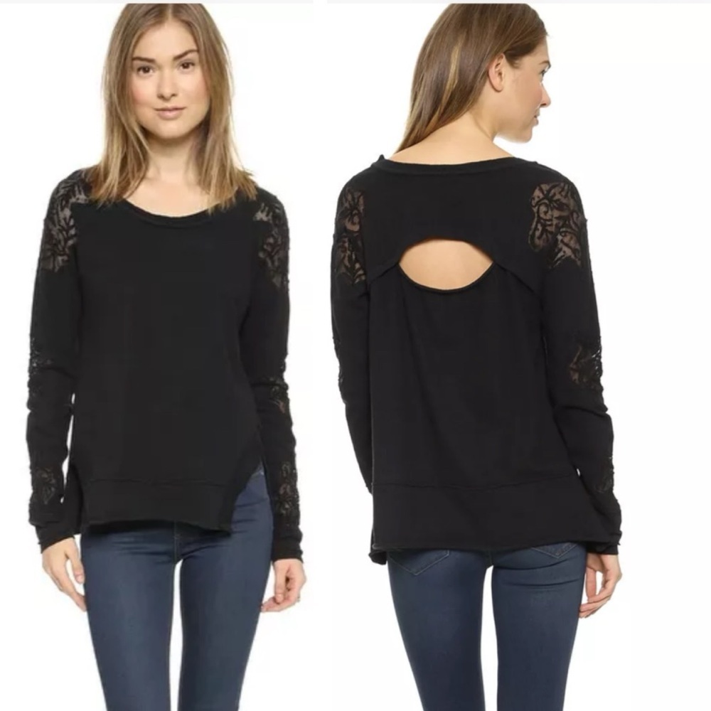 Free People Outer Sunset Lace Cotton Top Oversized Boho Stretch Crew Slit Cutout